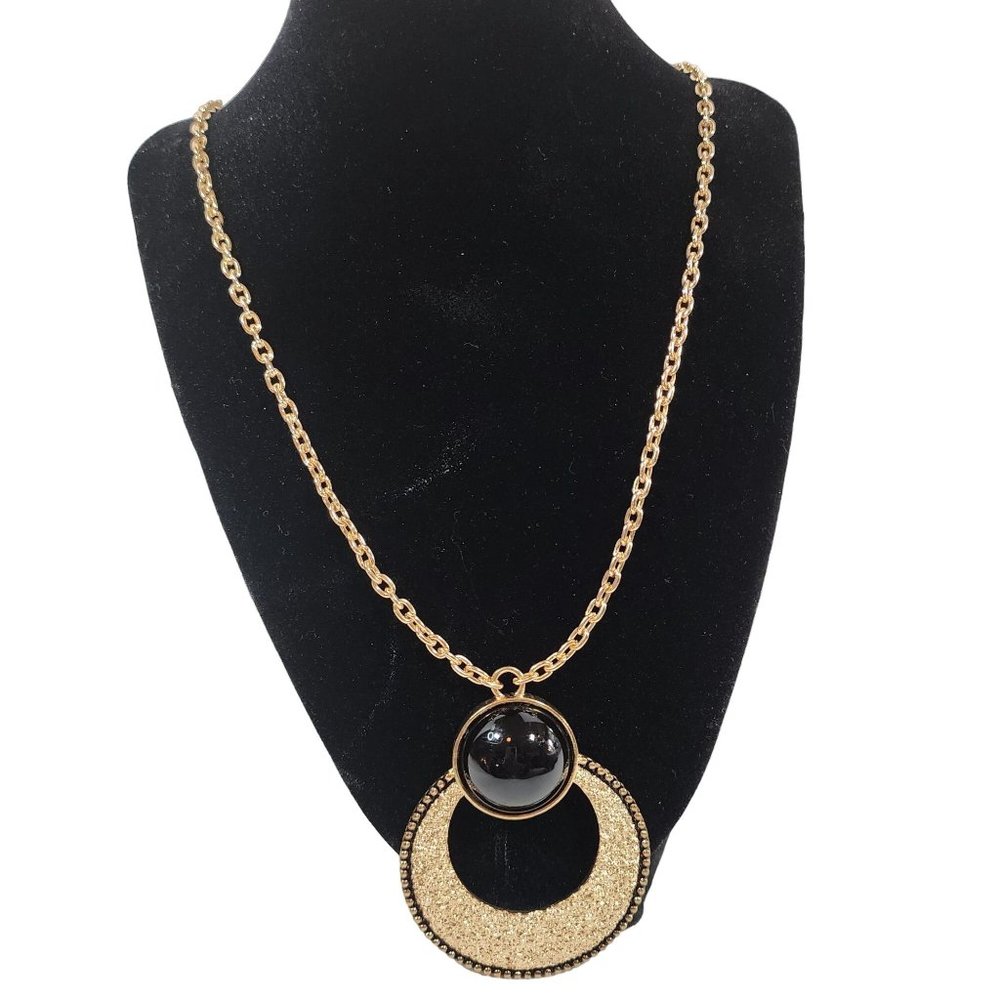 Gold and Black Oval Pendant Necklace 21 Inch Adjustable Chain Medallion
